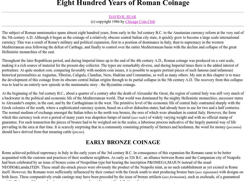 Chicago Coin Club: Eight Hundred Years of Roman Coinage Handout Chicago Coin Club: Eight Hundred Years of Roman Coinage Handout