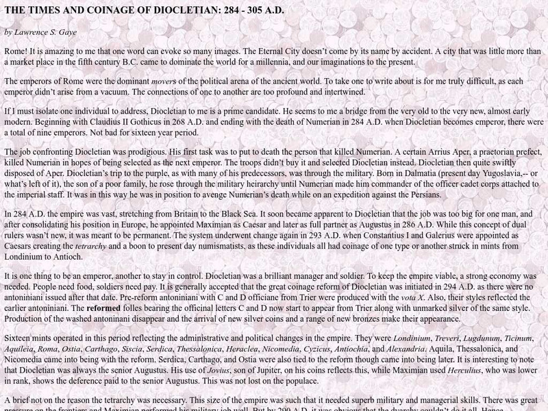 Willamette Coin Club: The Times and Coinage of Diocletian: 284 305 a.d. Handout Willamette Coin Club: The Times and Coinage of Diocletian: 284 305 a.d. Handout