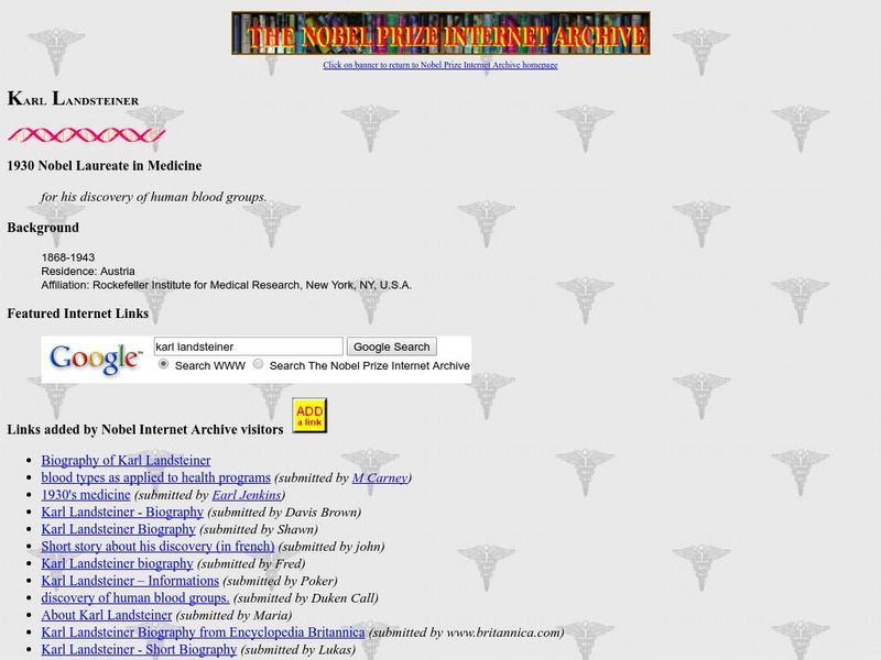 The Nobel Prize Internet Archive: Karl Landsteiner Website The Nobel Prize Internet Archive: Karl Landsteiner Website