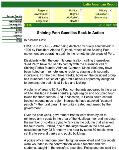 Peru: Shining Path Guerillas Back in Action Handout Peru: Shining Path Guerillas Back in Action Handout