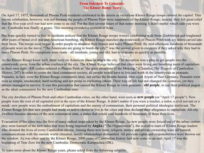 Ed Web: From Side Show to Genocide, Khmer Rouge Years Handout Ed Web: From Side Show to Genocide, Khmer Rouge Years Handout