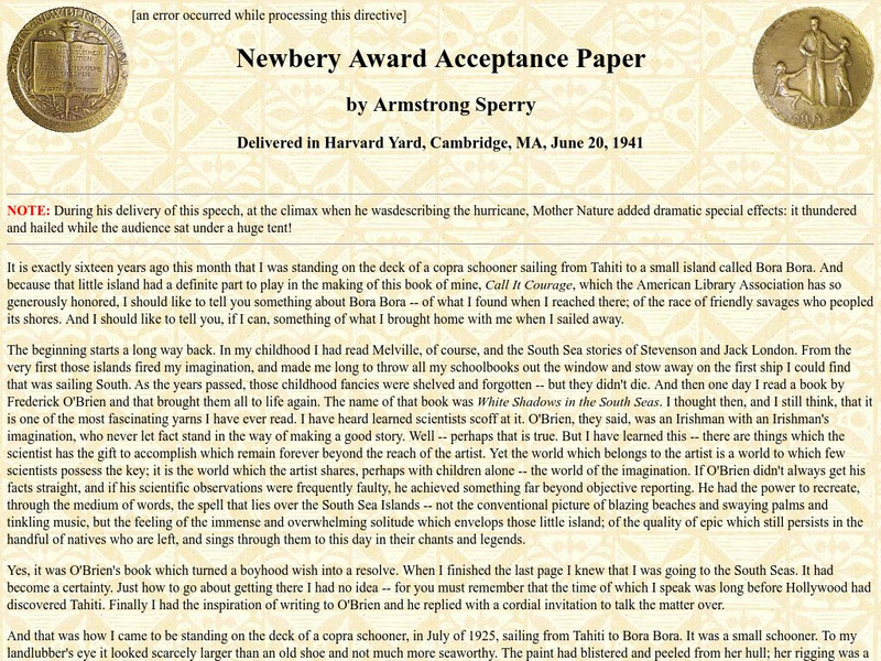 Armstrong Sperry's Newbery Award Acceptance Paper Website Armstrong Sperry's Newbery Award Acceptance Paper Website