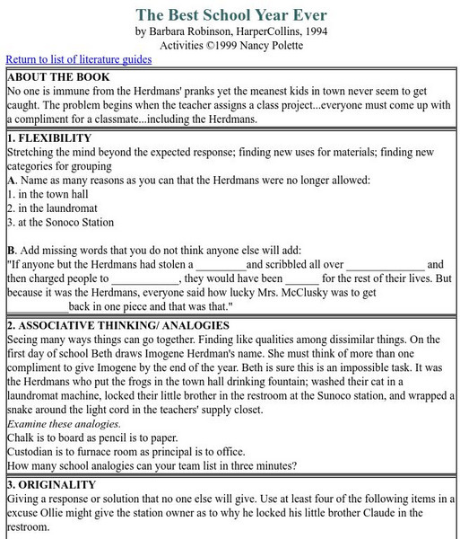 Nancy Polette: "The Best School Year Ever" Literature Guide Lesson Plan Nancy Polette: "The Best School Year Ever" Literature Guide Lesson Plan