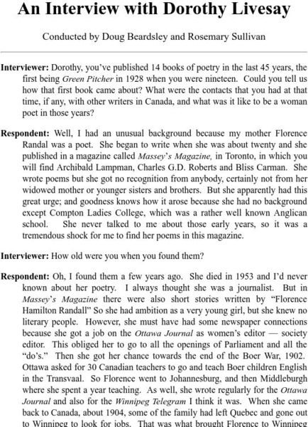 Uwo: An Interview With Dorothy Livesay Website