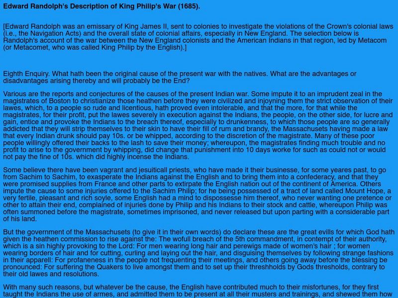 Swathmore College: Edward Randolph's Description of King Philip's War Primary