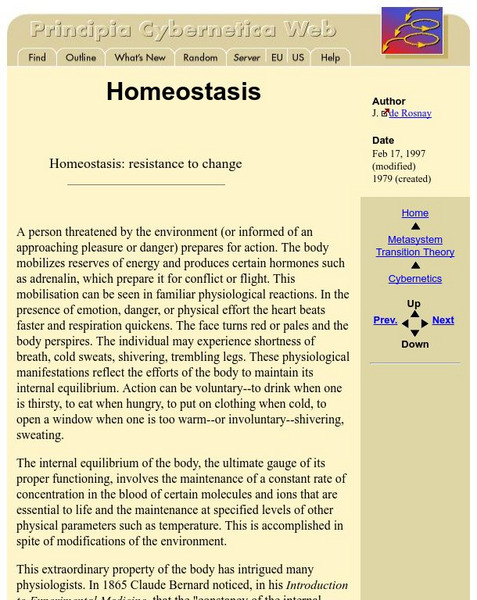 Principia Cybernetica: Homeostasis, Resistance to Change Handout Principia Cybernetica: Homeostasis, Resistance to Change Handout