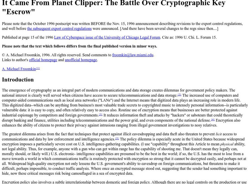 Um: The Battle Over Cryptographic Key "Escrow" Article