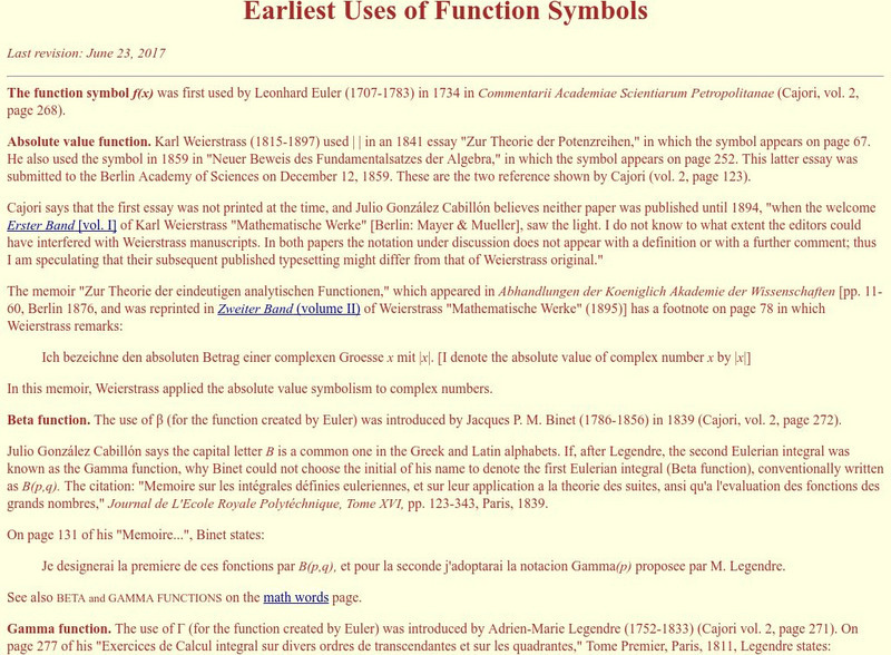 Jeff Miller: Earliest Uses of Function Symbols Activity Jeff Miller: Earliest Uses of Function Symbols Activity