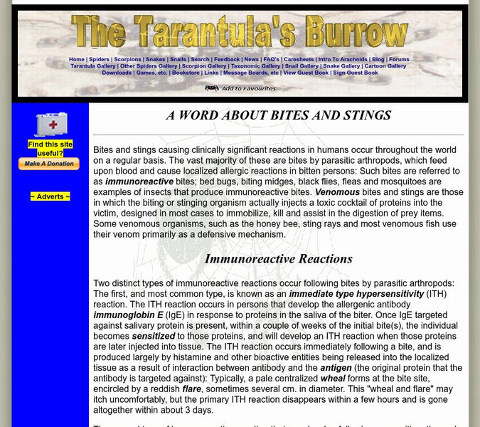 Arachnaphiliac: A Word About Bites and Stings Handout Arachnaphiliac: A Word About Bites and Stings Handout