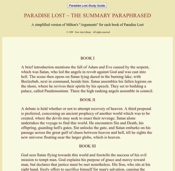 New Arts Library:paradise Lost the Summary Paraphrased eBook New Arts Library:paradise Lost the Summary Paraphrased eBook