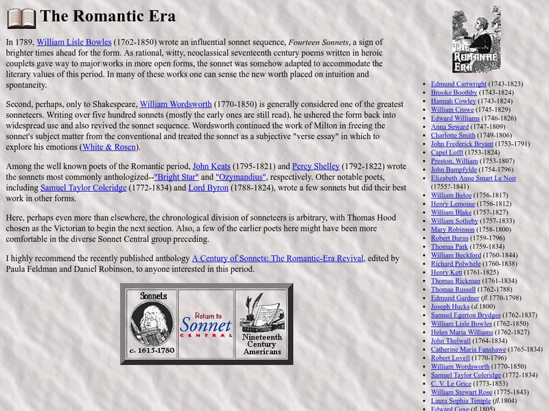 Sonnet Central: The Romantic Era Website Sonnet Central: The Romantic Era Website