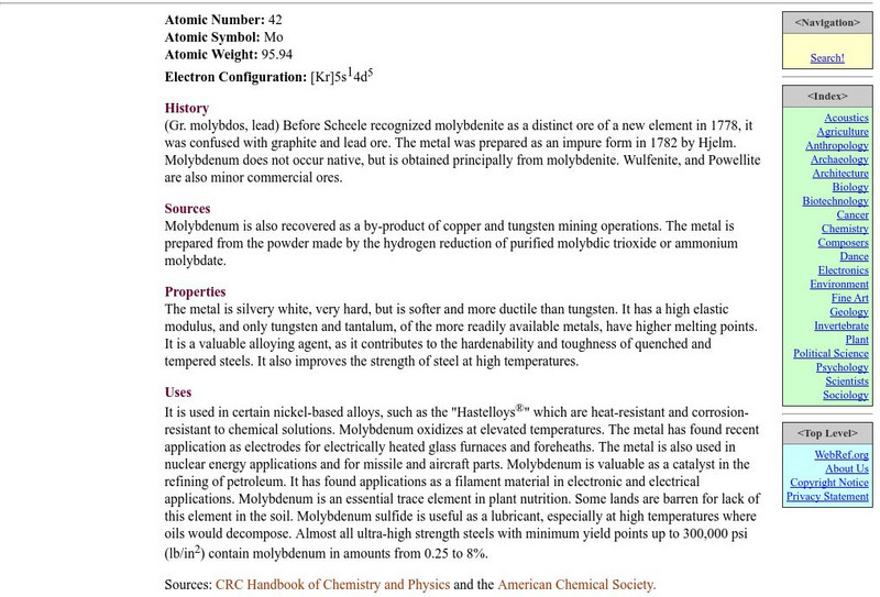 Web ref.org: Molybdenum Handout Web ref.org: Molybdenum Handout
