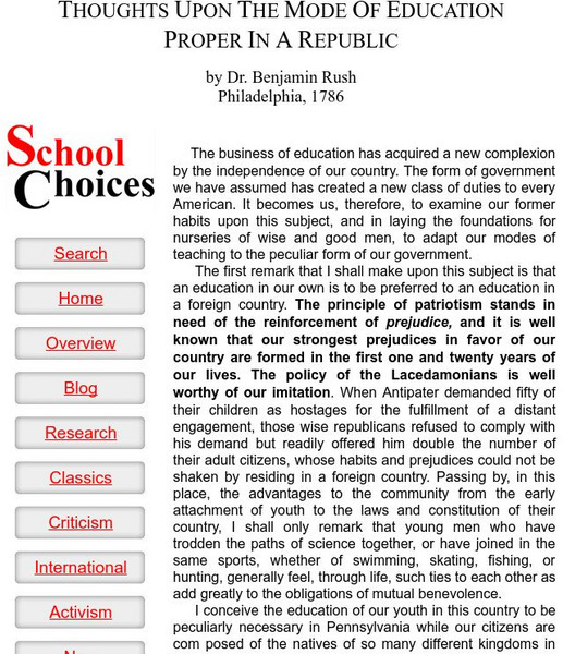School Choices: Thoughts Upon the Mode of Education Proper in a Republic Article School Choices: Thoughts Upon the Mode of Education Proper in a Republic Article