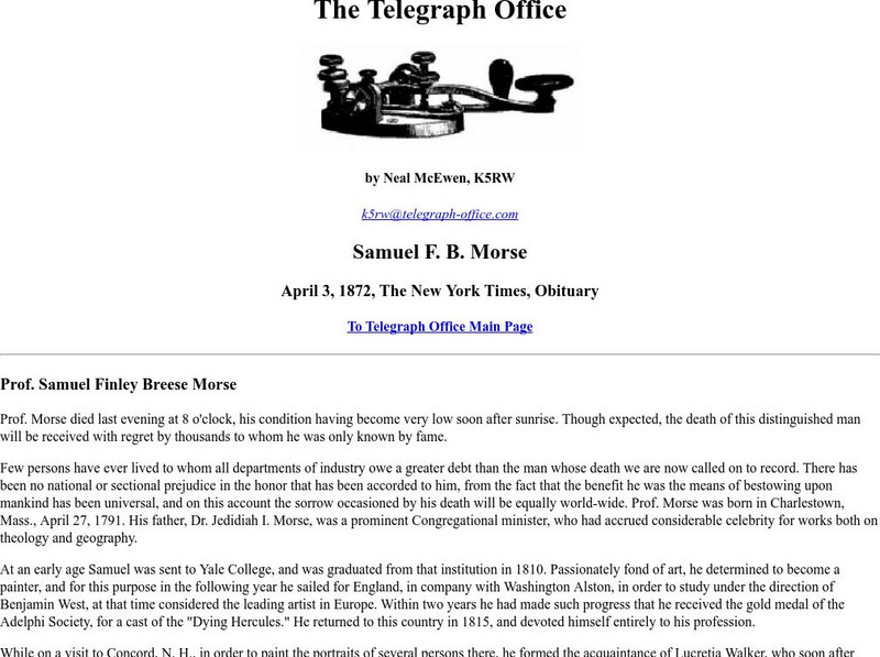 The Telegraph Office: Samuel F. B. Morse Obituary Primary The Telegraph Office: Samuel F. B. Morse Obituary Primary