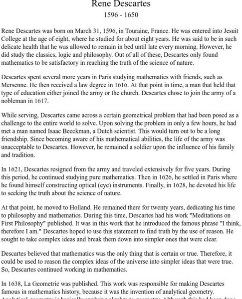 Wichita State University: Rene Descartes 1596 1650 Handout Wichita State University: Rene Descartes 1596 1650 Handout