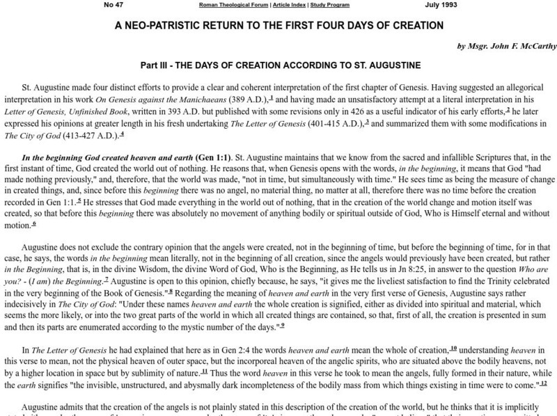 The Days of Creation According to St. Augustine Article