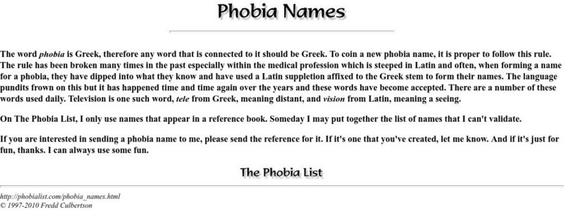 The Phobia List: How Phobias Are Named Website