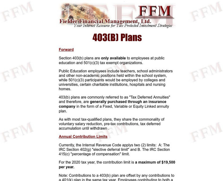 Fielder Financial Management, Ltd.: 403(b) Plans Article Fielder Financial Management, Ltd.: 403(b) Plans Article