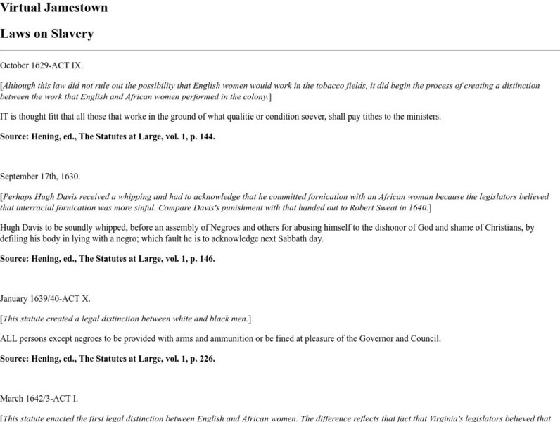 Virtual Jamestown: Laws on Slavery Primary Virtual Jamestown: Laws on Slavery Primary