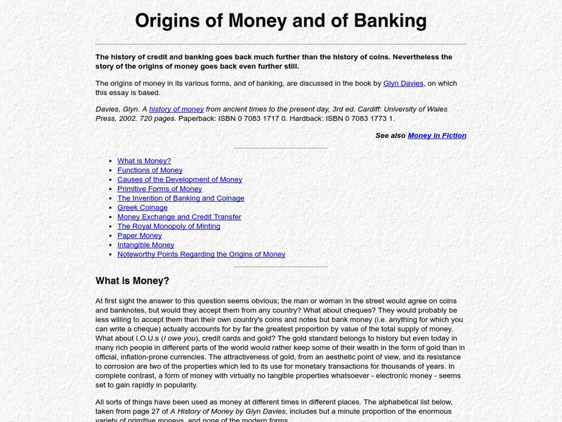 University of Exeter: Origins of Money and of Banking Handout University of Exeter: Origins of Money and of Banking Handout
