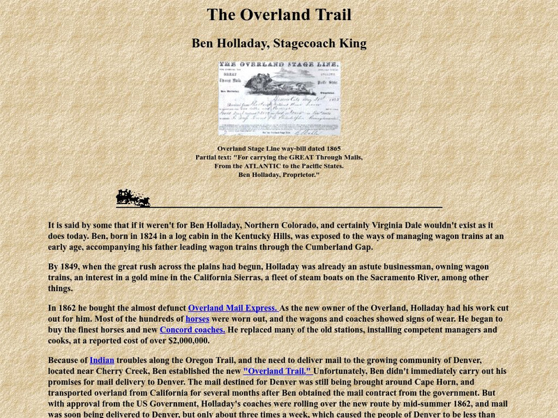 Overland Trail: Ben Holladay, Stagecoach King Handout Overland Trail: Ben Holladay, Stagecoach King Handout