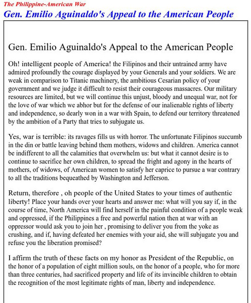 Msc: Emilio Aguinaldo's Appeal to the American People Primary