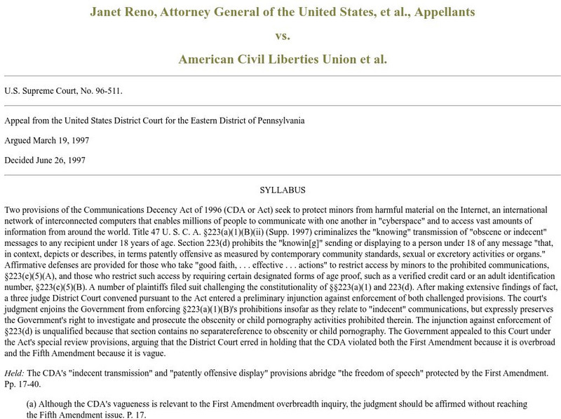 Janet Reno vs. American Civil Liberties Union Primary Janet Reno vs. American Civil Liberties Union Primary