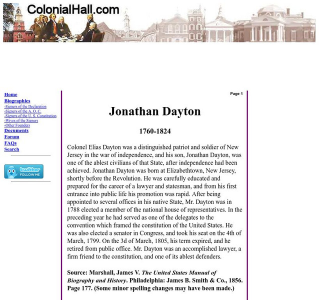 Colonial Hall: Biography of Jonathan Dayton Handout
