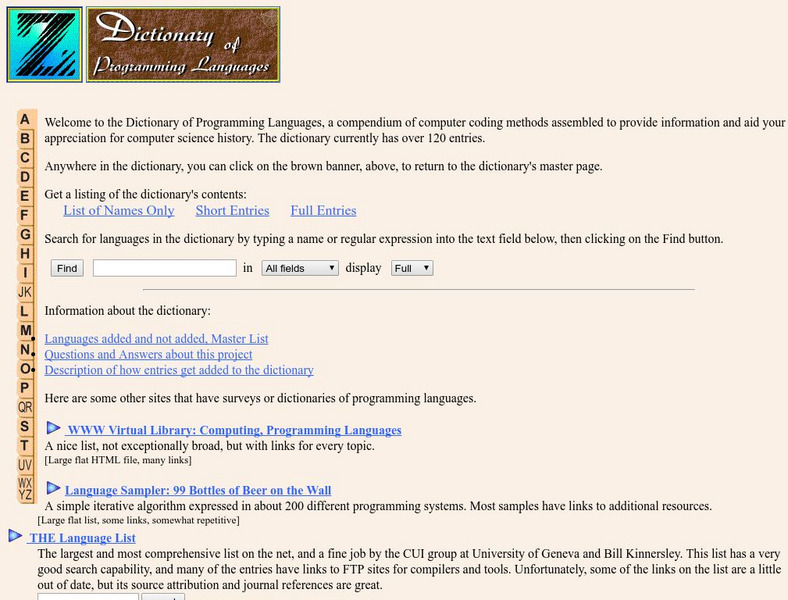 Ziring Micro Web: Dictionary of Programming Languages Handout Ziring Micro Web: Dictionary of Programming Languages Handout