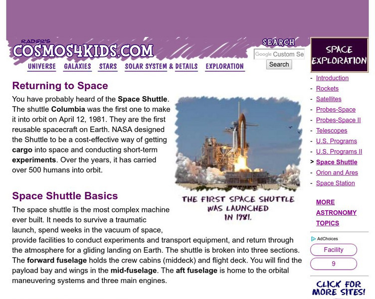 Cosmos4 Kids: Exploration: Space Shuttle Website Cosmos4 Kids: Exploration: Space Shuttle Website