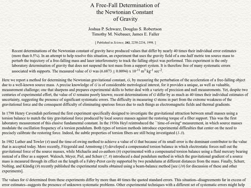 Noaa: Free Fall Determination of Newtonian Constant of Gravity Article