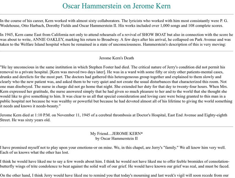Todd & Sharon Peach: Oscar Hammerstein on Jerome Kern Article Todd & Sharon Peach: Oscar Hammerstein on Jerome Kern Article