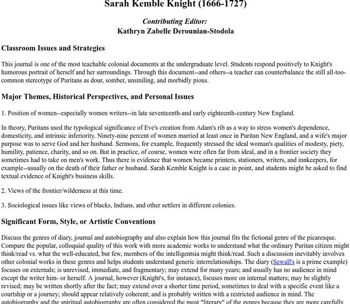 Heath Anthology: Sarah Kemble Knight Unit Plan