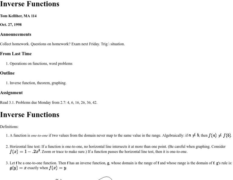 Inverse Functions Handout Inverse Functions Handout