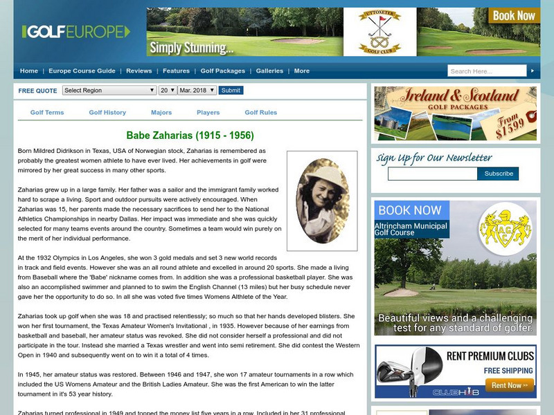 Golf Europe: Babe Zaharias (1915 1956) Activity Golf Europe: Babe Zaharias (1915 1956) Activity
