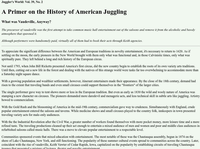 A Primer on the History of American Juggling: What Was Vaudeville, Anyway? Article A Primer on the History of American Juggling: What Was Vaudeville, Anyway? Article