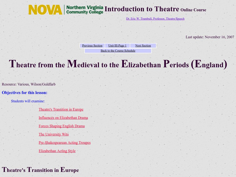 Nova: Introduction to Theatre/medieval to Elizabethan Handout Nova: Introduction to Theatre/medieval to Elizabethan Handout