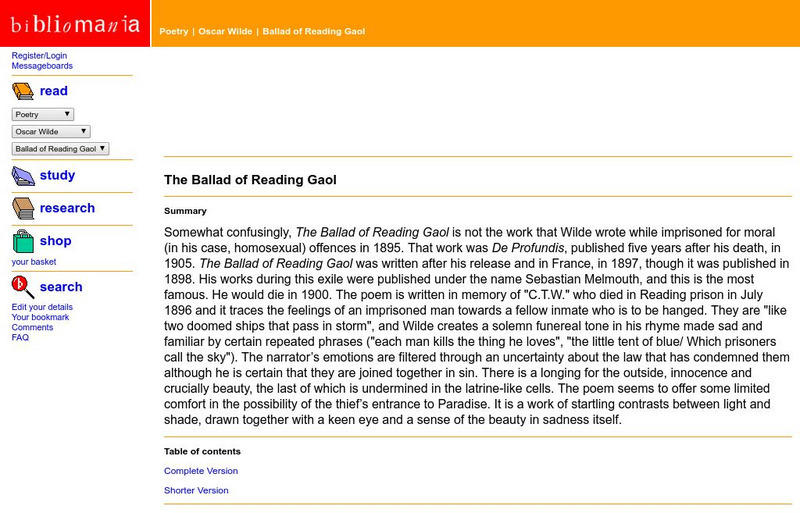 Bibliomania: The Ballad of Reading Gaol Handout Bibliomania: The Ballad of Reading Gaol Handout