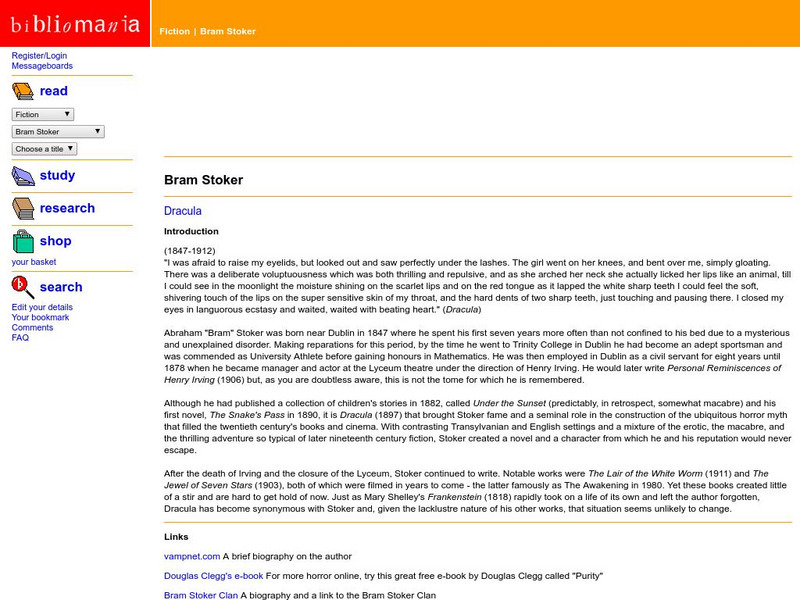 Bibliomania: Bram Stoker Handout Bibliomania: Bram Stoker Handout