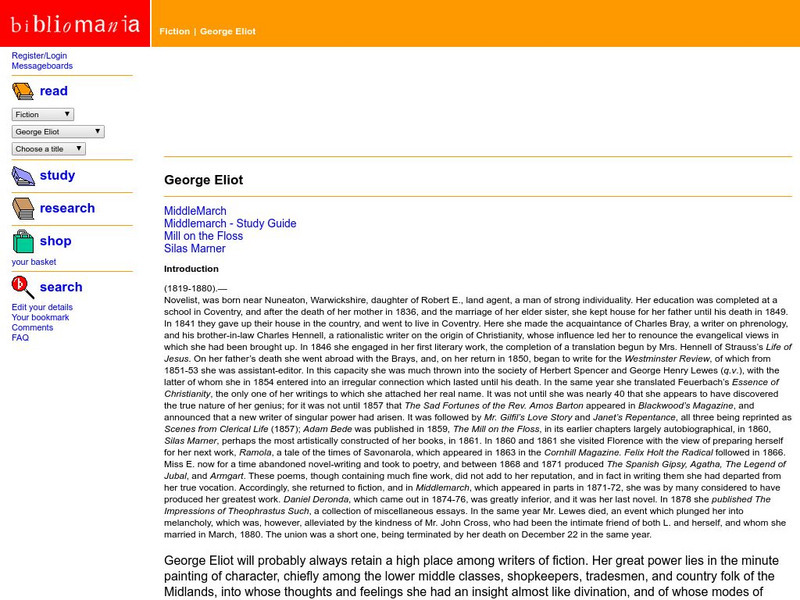 Bibliomania: George Eliot Handout Bibliomania: George Eliot Handout