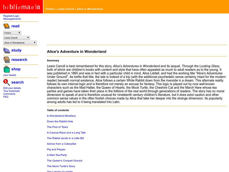 Bibliomania: Alice's Adventures in Wonderland Handout Bibliomania: Alice's Adventures in Wonderland Handout
