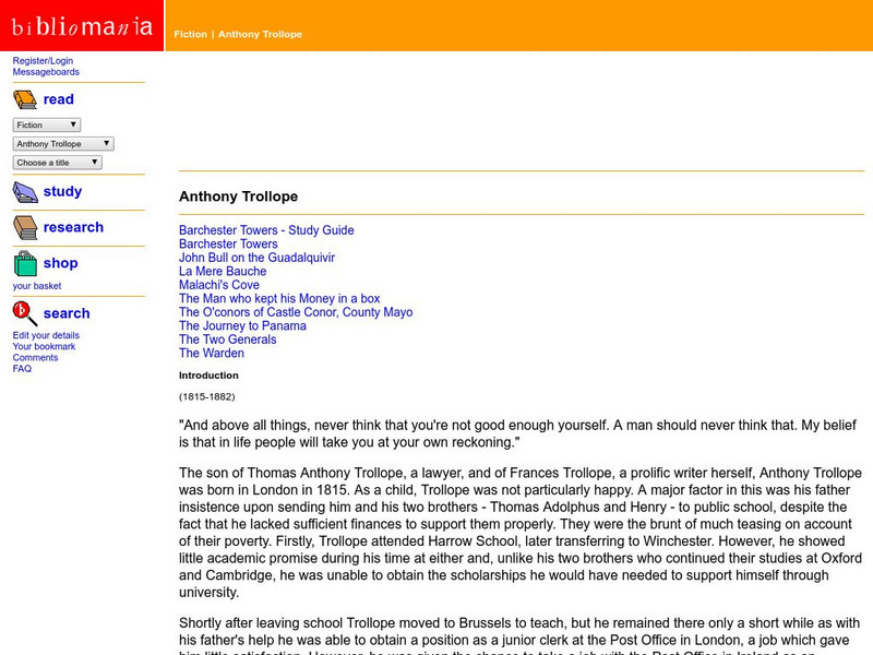 Bibliomania: Biography of Anthony Trollope Handout Bibliomania: Biography of Anthony Trollope Handout