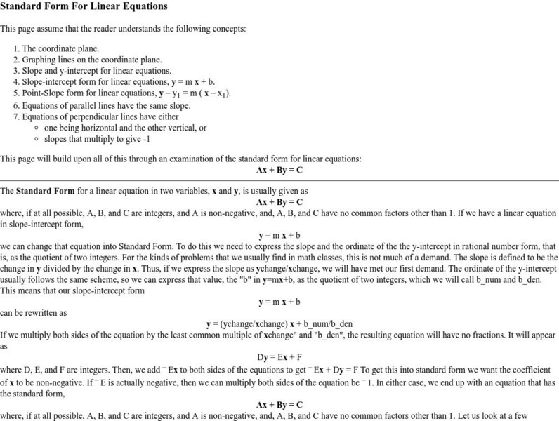 Bila, Egan and Palay: Standard Form for Linear Equations Handout Bila, Egan and Palay: Standard Form for Linear Equations Handout