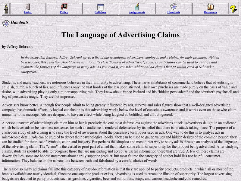 Univ. Of Mississippi: The Language of Advertising Claims Website Univ. Of Mississippi: The Language of Advertising Claims Website