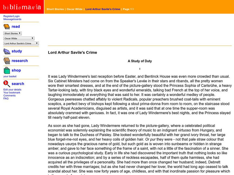 Bibliomania: Oscar Wilde Lord Arthur Savile's Crime Handout Bibliomania: Oscar Wilde Lord Arthur Savile's Crime Handout