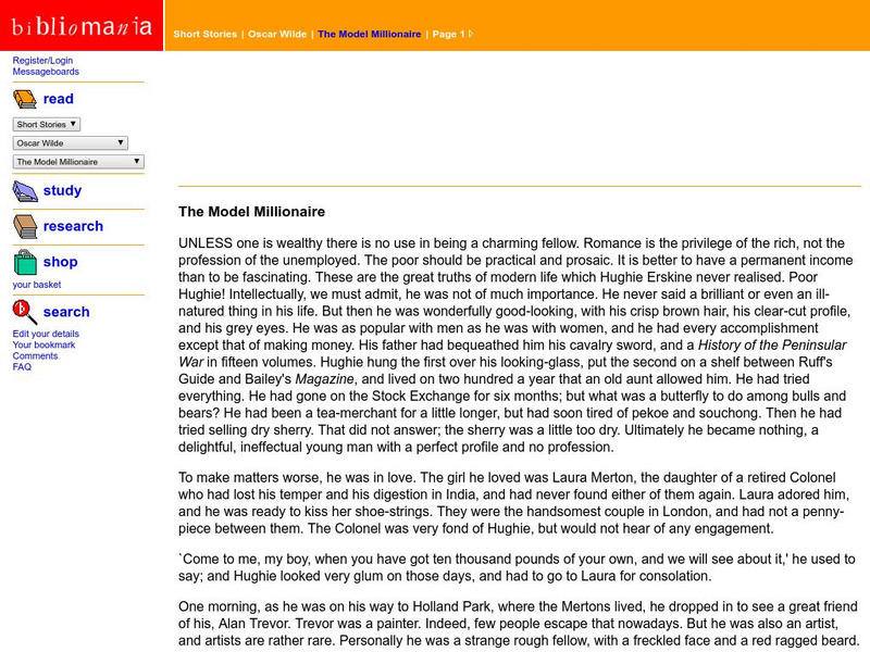Bibliomania: Oscar Wilde the Model Millionaire Handout Bibliomania: Oscar Wilde the Model Millionaire Handout