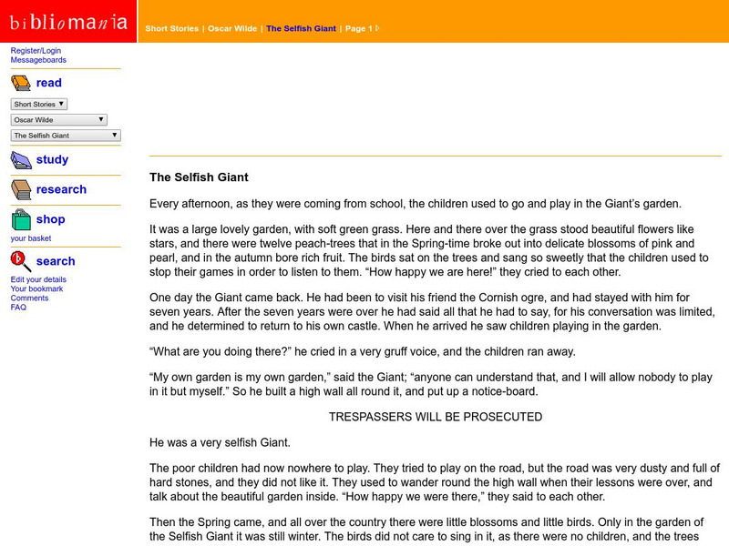 Bibliomania: Oscar Wilde the Selfish Giant Handout Bibliomania: Oscar Wilde the Selfish Giant Handout