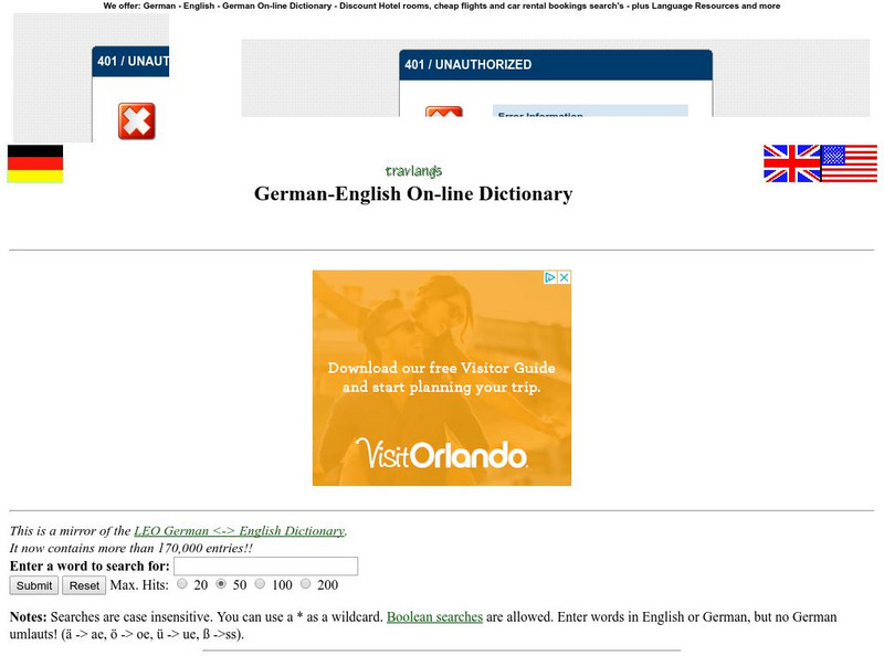 Travlang: German English on Line Dictionary Handout Travlang: German English on Line Dictionary Handout