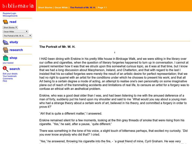 Bibliomania: Oscar Wilde the Portrait of Mr. W. H. Handout