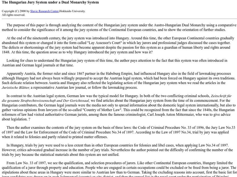Slavic Research Center: Hungarian Jury System Under a Dual Monarchy System Handout Slavic Research Center: Hungarian Jury System Under a Dual Monarchy System Handout